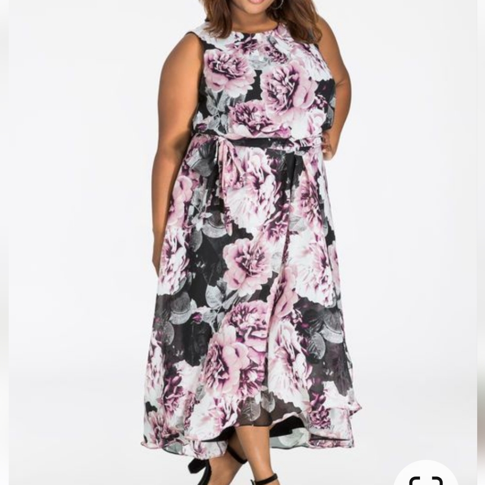 Ashley Stewart Plus Size Maxi Chiffon Floral Hi-Lo Hem Dress